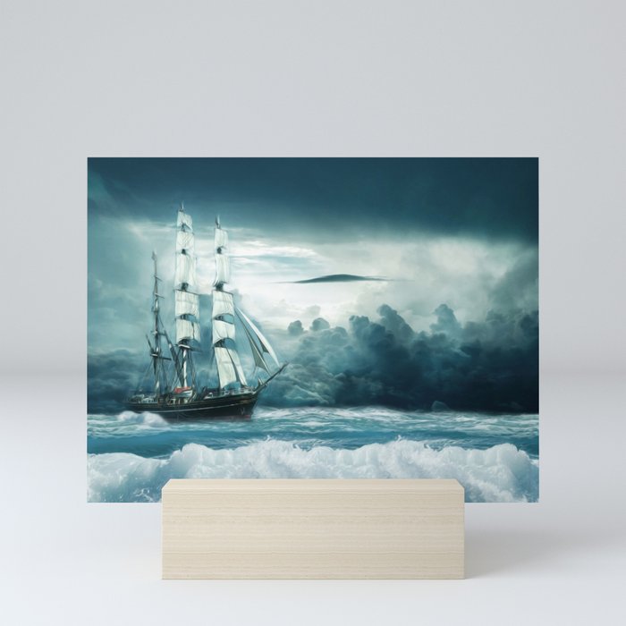 Blue Ocean Ship Storm Clouds Mini Art Print