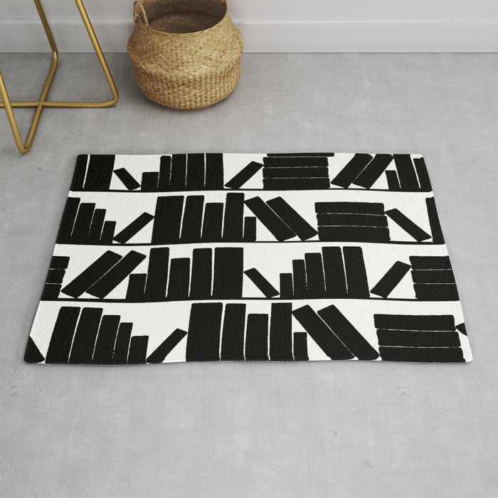 Library Book Shelves, black and white Rug
