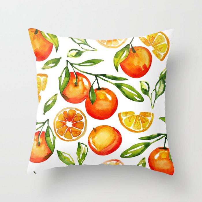 oranges watercolor tangerine fruit print Throw Pillow