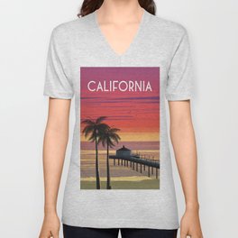California beach palms Vintage travel poster  V Neck T Shirt