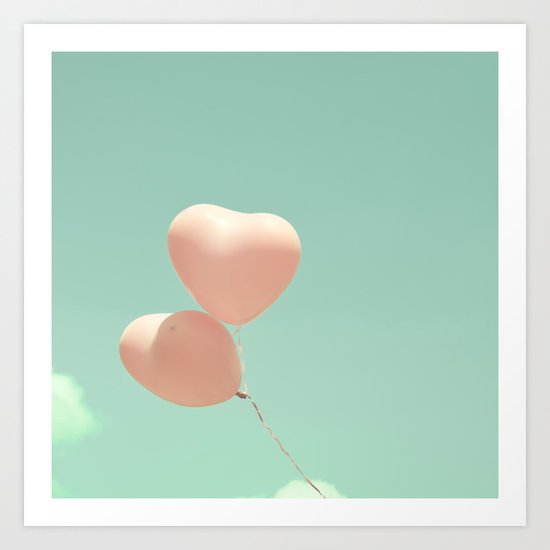 Deep Love, Pink heart balloons on soft blue sky Art Print