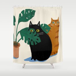 Black cat & orange tabby cat with Monstera plant Shower Curtain