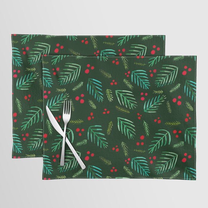 Christmas tree branches and berries - green Placemat
