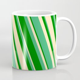 [ Thumbnail: Sea Green, Green & Beige Colored Striped/Lined Pattern Coffee Mug ]