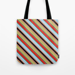 [ Thumbnail: Dark Khaki, Black, Light Blue & Red Colored Pattern of Stripes Tote Bag ]