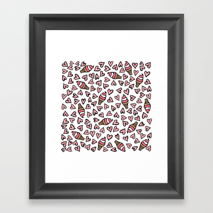 Cute Pink Hearts and Ice Cream Cones Illustrations Framed Art Print