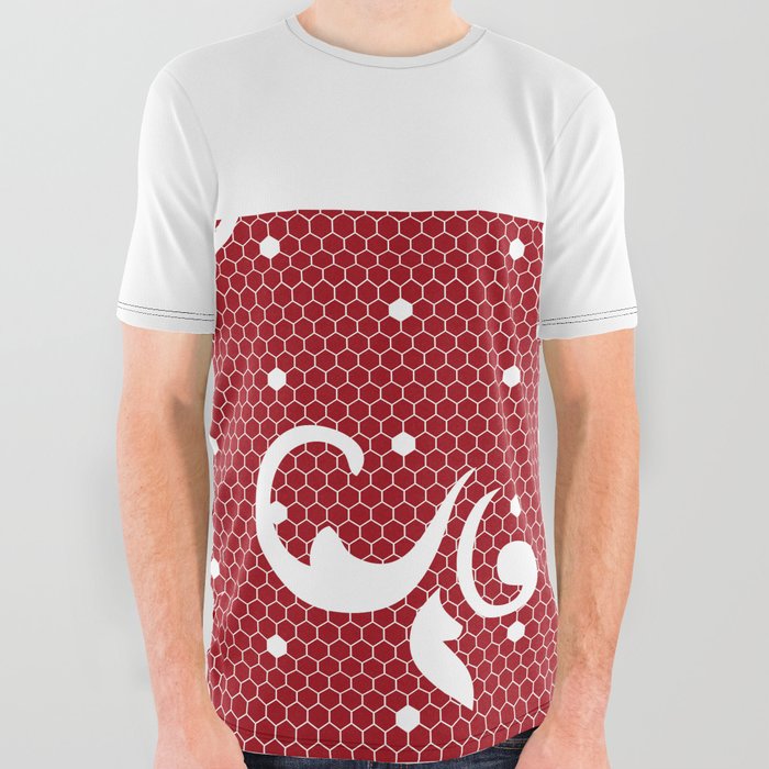White Floral Curls Lace Horizontal Split on Christmas Dark Red All Over Graphic Tee