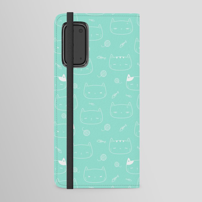 Seafoam and White Doodle Kitten Faces Pattern Android Wallet Case