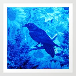 BLUE CROW FLOWERS PATTERNS NATURE ART Art Print | Digital, Crowcurtains, Crowmugs, Aerosol, Crowpillowss, Crowrugs, Bluecrow, Acrylic, Crowart, Natureart 