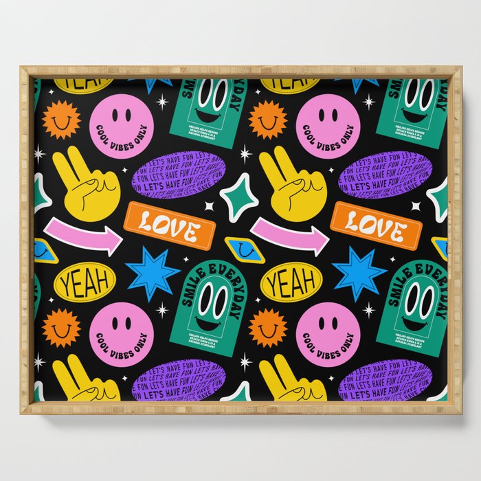 Funny smiling happy face colorful sticker label seamless pattern Serving Tray