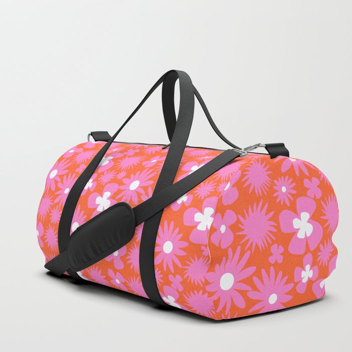 Hot Pink 70’s Wild Flowers Pattern On Red Duffle Bag