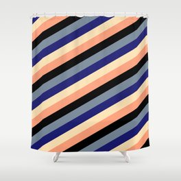 [ Thumbnail: Light Slate Gray, Midnight Blue, Beige, Light Salmon & Black Colored Stripes/Lines Pattern Shower Curtain ]