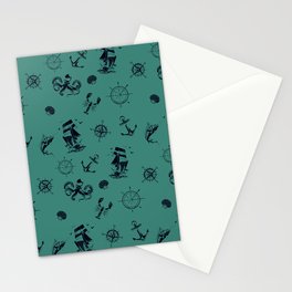 Green Blue And Blue Silhouettes Of Vintage Nautical Pattern Stationery Card