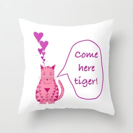 Pink and purple Valentine cat with hearts Throw Pillow