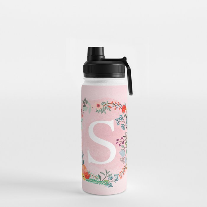 Flower Wreath with Personalized Monogram Initial Letter S on Pink Watercolor Paper Texture Artwork Water Bottle