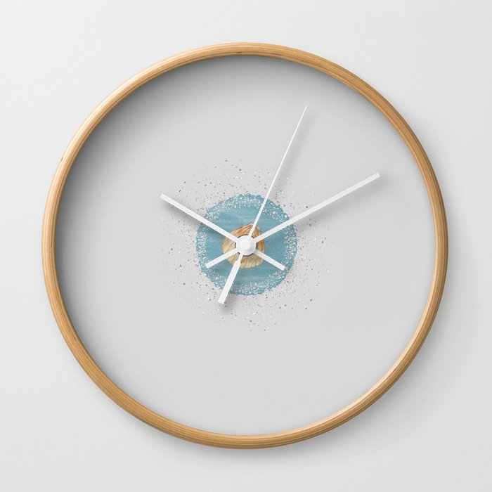 Watercolor Seashell and Blue Circle on Silver Grey Wall Clock