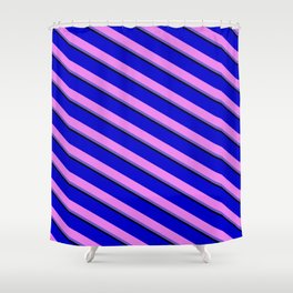 [ Thumbnail: Blue, Violet, Slate Blue, and Black Colored Lines Pattern Shower Curtain ]