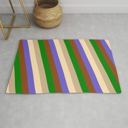 [ Thumbnail: Eye-catching Brown, Green, Tan, Beige & Slate Blue Colored Pattern of Stripes Rug ]