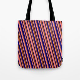 [ Thumbnail: Blue, Brown & Salmon Colored Stripes Pattern Tote Bag ]