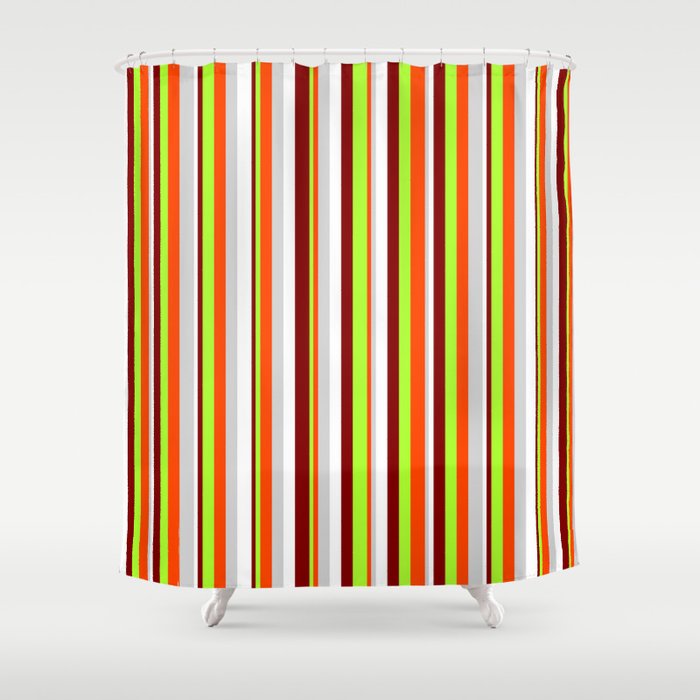 Eye-catching Maroon, Light Green, Red, Light Gray, and White Colored Stripes/Lines Pattern Shower Curtain