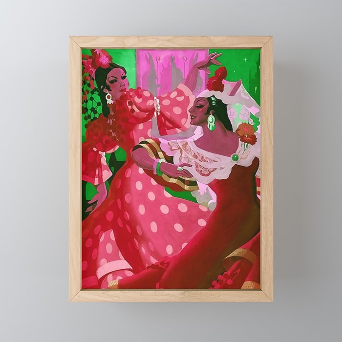 Seville, Spain green Fiestas Primaverales Dark Haired Flamenco Female Dancers in red traje de flamenca  Framed Mini Art Print