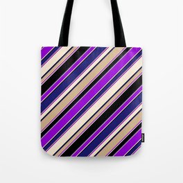 [ Thumbnail: Eye-catching Tan, Dark Violet, Beige, Black, and Midnight Blue Colored Lined/Striped Pattern Tote Bag ]