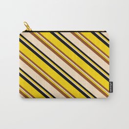 [ Thumbnail: Yellow, Brown, Bisque & Black Colored Pattern of Stripes Carry-All Pouch ]