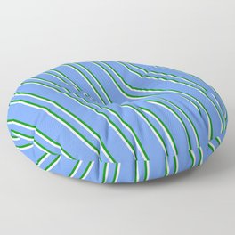 [ Thumbnail: Cornflower Blue, Green & Lavender Colored Lined Pattern Floor Pillow ]