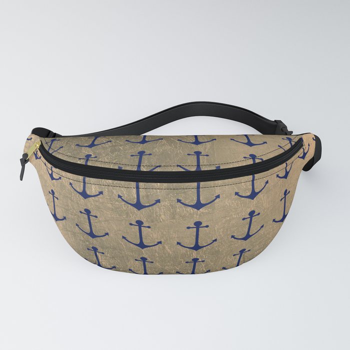 Trendy Navy Blue Gold Nautical Anchor Pattern Fanny Pack