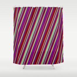 [ Thumbnail: Dark Sea Green, Purple, and Maroon Colored Striped/Lined Pattern Shower Curtain ]