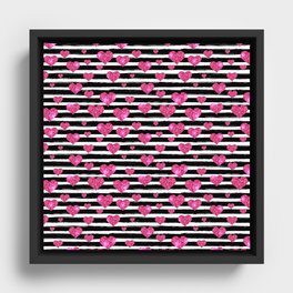 Black Stripes and Pink Hearts | Glitter Chic Pattern 09 Framed Canvas