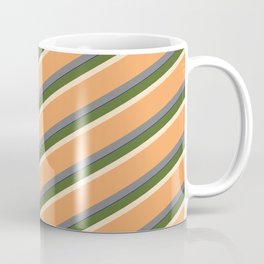 [ Thumbnail: Vibrant Dark Olive Green, Bisque, Brown, Gray, and Dark Blue Colored Striped Pattern Coffee Mug ]
