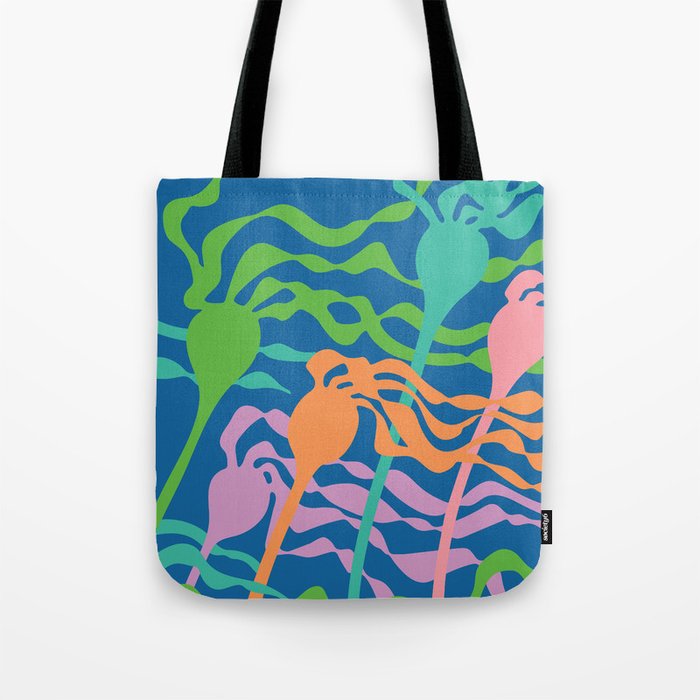 KELP FOREST COASTAL BEACH UNDERSEA SEAWEED in BRIGHT SUMMER COLORS ON ROYAL BLUE Tote Bag