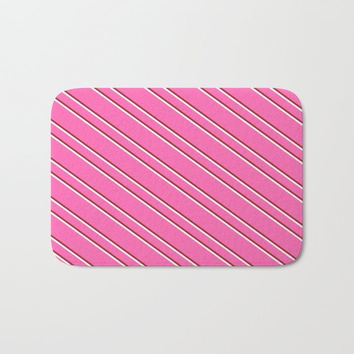 Hot Pink, Brown, and Mint Cream Colored Striped Pattern Bath Mat