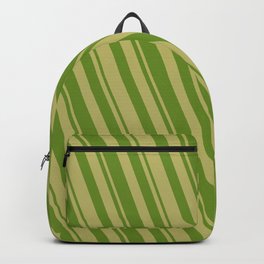 [ Thumbnail: Dark Khaki and Green Colored Striped/Lined Pattern Backpack ]
