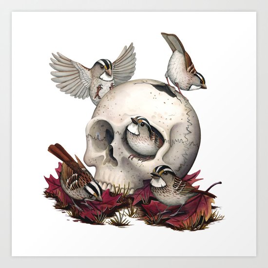 White-throated Sparrows Forage Amongst Human Remains Art Print