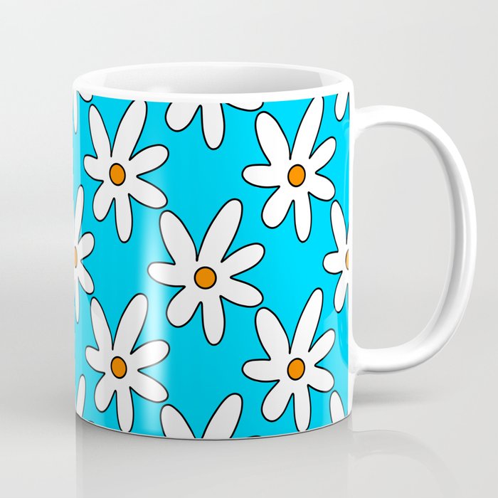 1970 flowers pattern. White daisies on a blue background. 1970 daisy. 1970 vibes Coffee Mug