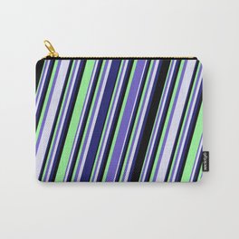 [ Thumbnail: Slate Blue, Lavender, Midnight Blue, Black & Green Colored Lines/Stripes Pattern Carry-All Pouch ]