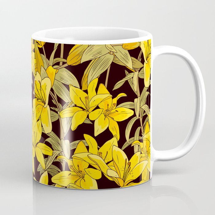 Vintage pattern with yellow lily. Tropical floral print with flowers, buds and leaves Coffee Mug
