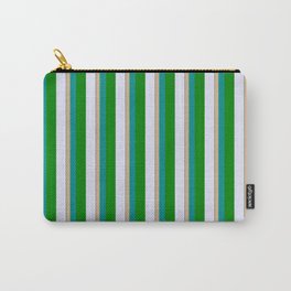 [ Thumbnail: Vibrant Tan, Dark Cyan, Green, Lavender & Black Colored Striped/Lined Pattern Carry-All Pouch ]