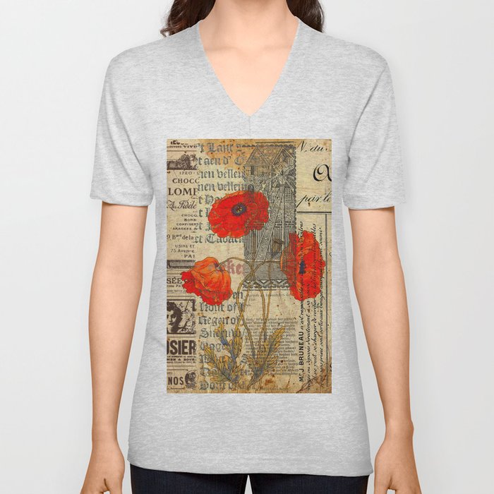 Poppies on Print V Neck T Shirt
