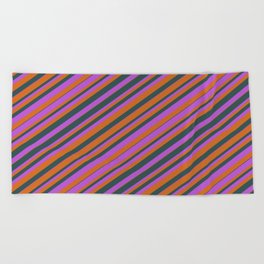 [ Thumbnail: Chocolate, Dark Slate Gray, and Orchid Colored Striped Pattern Beach Towel ]