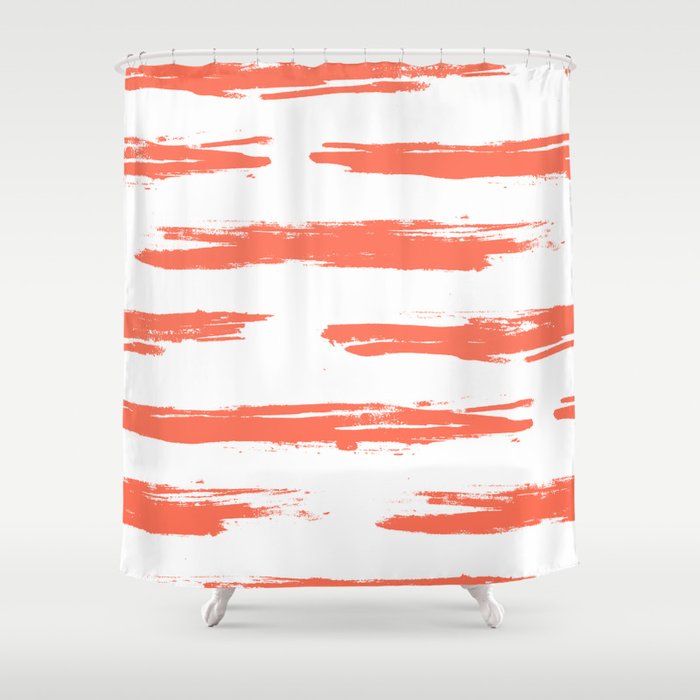 Brushed Stripe Deep Coral on White Shower Curtain