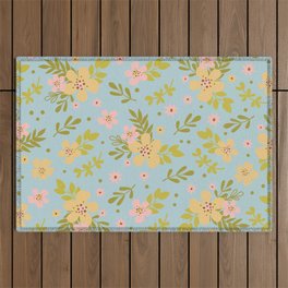 Blue Floral Pattern Cute Pretty Spring Garden Outdoor Rug