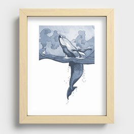 Hump Back Whale breaching in Stormy Seas with tiny boat - nautical themed illustration Recessed Framed Print