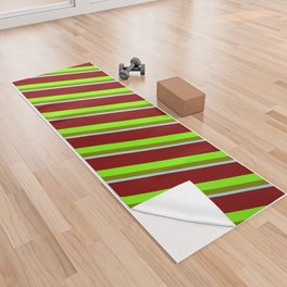 [ Thumbnail: Maroon, Chartreuse, Green & Powder Blue Colored Striped/Lined Pattern Yoga Towel ]