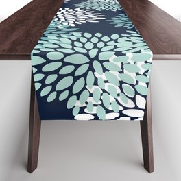 Floral Blooms in Navy, Teal and White Table Runner