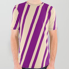 [ Thumbnail: Purple & Bisque Colored Striped/Lined Pattern All Over Graphic Tee ]