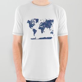 world map in watercolor blue color All Over Graphic Tee