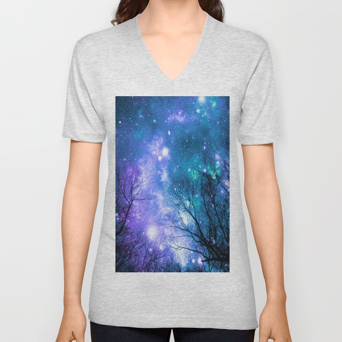 Black Trees Violet Teal Space V Neck T Shirt